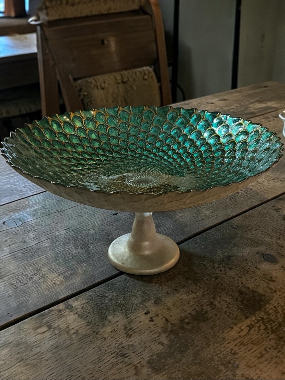 🌺Peacock Feather Inspired Decorative Pedestal Bowl in Teal and Gold